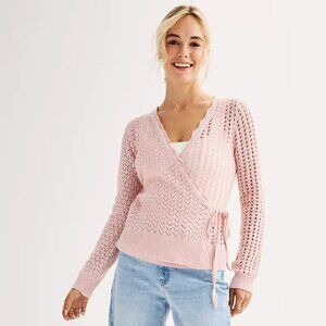 SO Size XL Juniors Light Pink Pointelle Wrap Front Sweater, NEW With Tag